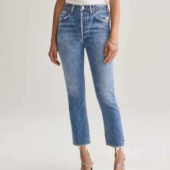 Agolde Denim - Agolde Riley medium blue cropped high-rise straight-leg crop organic jeans 23